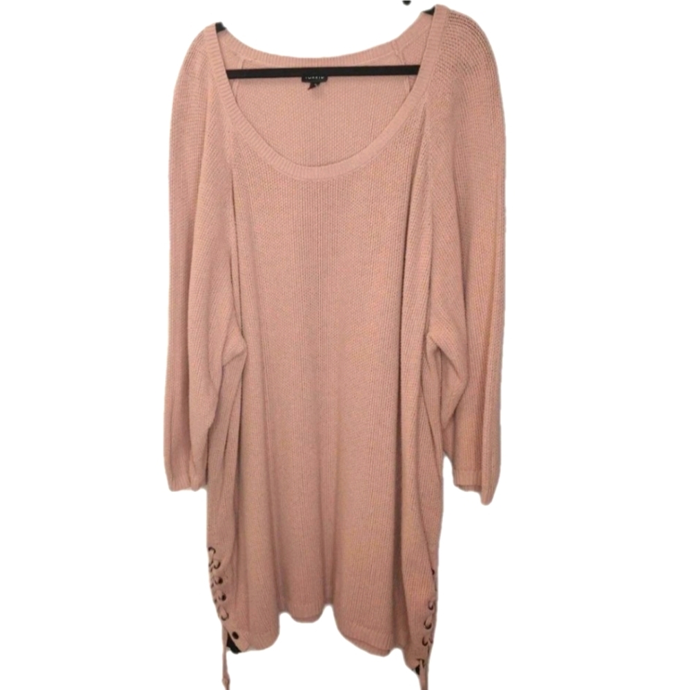 Torrid Raglan Thermal Tunic Sweater Dress Sz 6X Waffle Knit Pink Lacey Tie Sides